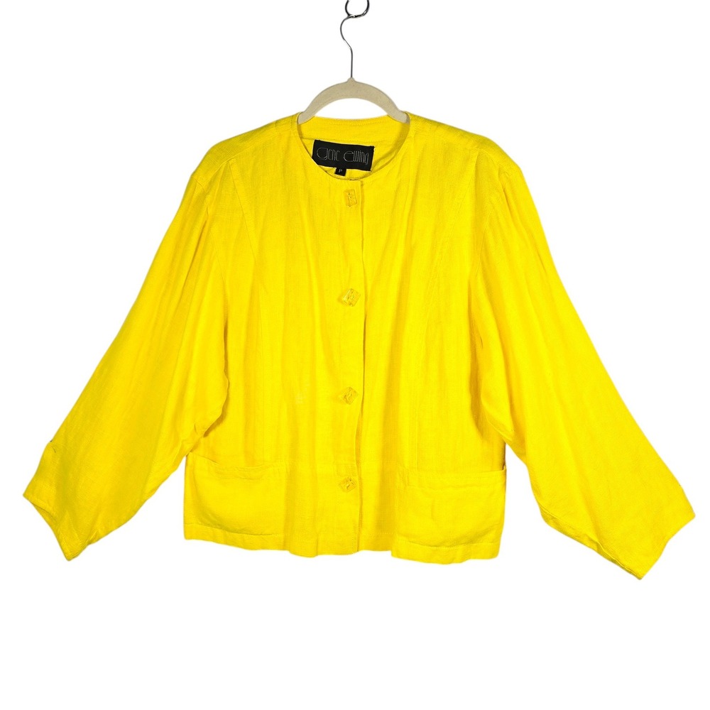 Vintage 90s Gene Ewing BIS Womens Jacket Yellow 100% Linen Button Front Size P